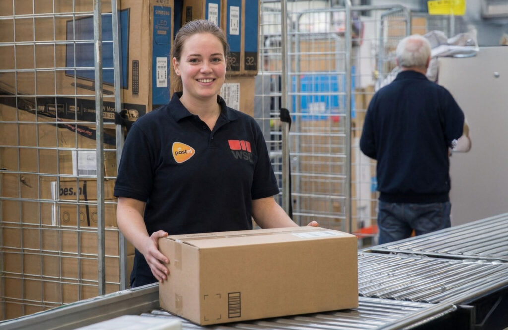 Person handling a cardboard package.